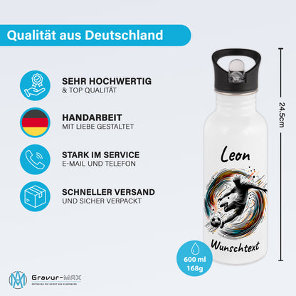 Trinkflasche mit Strohhalm in Weiß 600ml bedruckt mit Fußball Motiven"Motiv1" personalisierbar für Kinder mit Wunschname aus Edelstahl