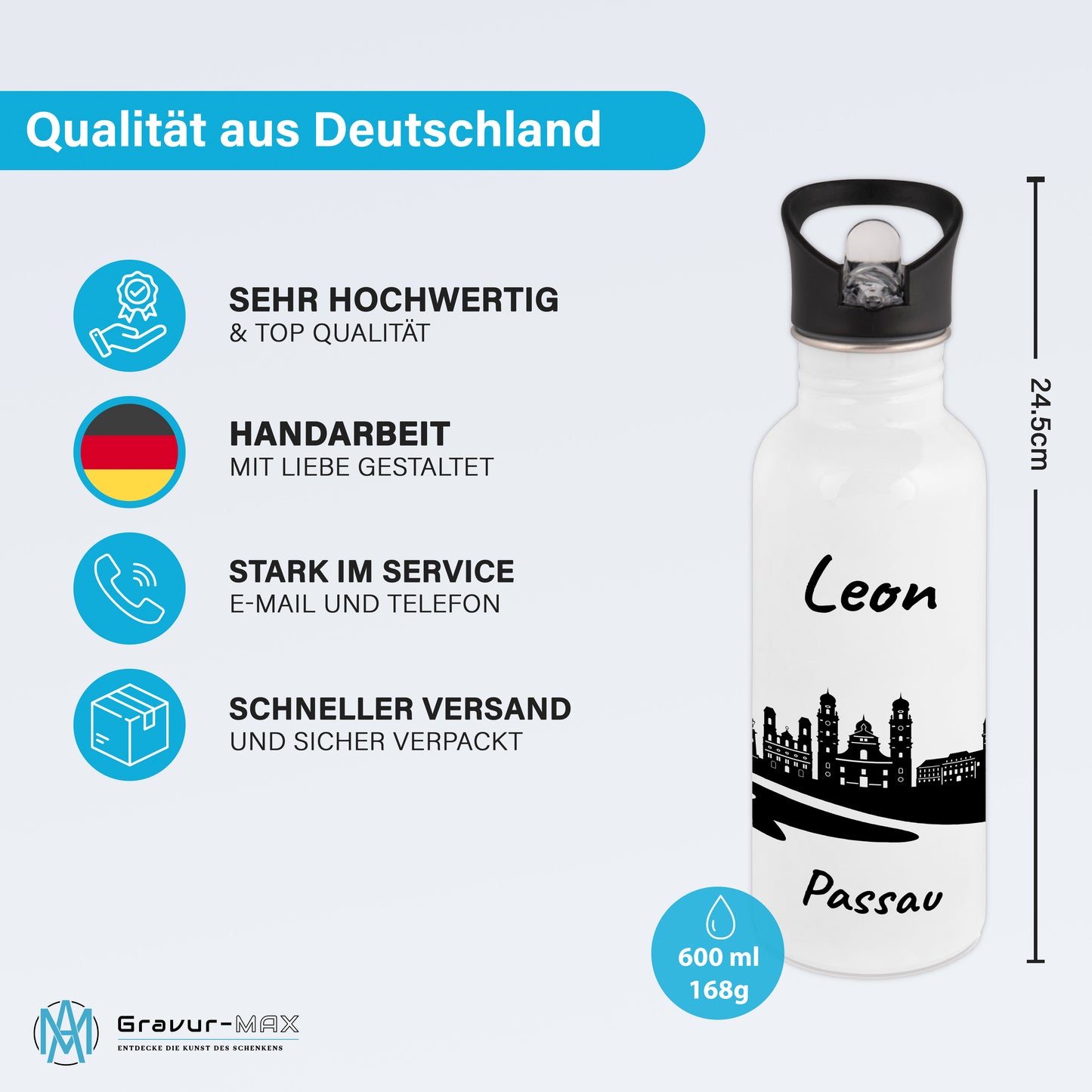Trinkflasche in Weiß 600ml aus Edelstahl bedruckt mit der Skyline von Passau personalisierbar mit Wunschname