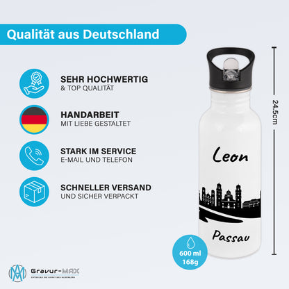 Trinkflasche in Weiß 600ml aus Edelstahl bedruckt mit der Skyline von Passau personalisierbar mit Wunschname