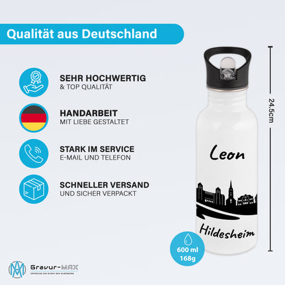 Trinkflasche in Weiß 600ml aus Edelstahl bedruckt mit der Skyline von Hildesheim personalisierbar mit Wunschname