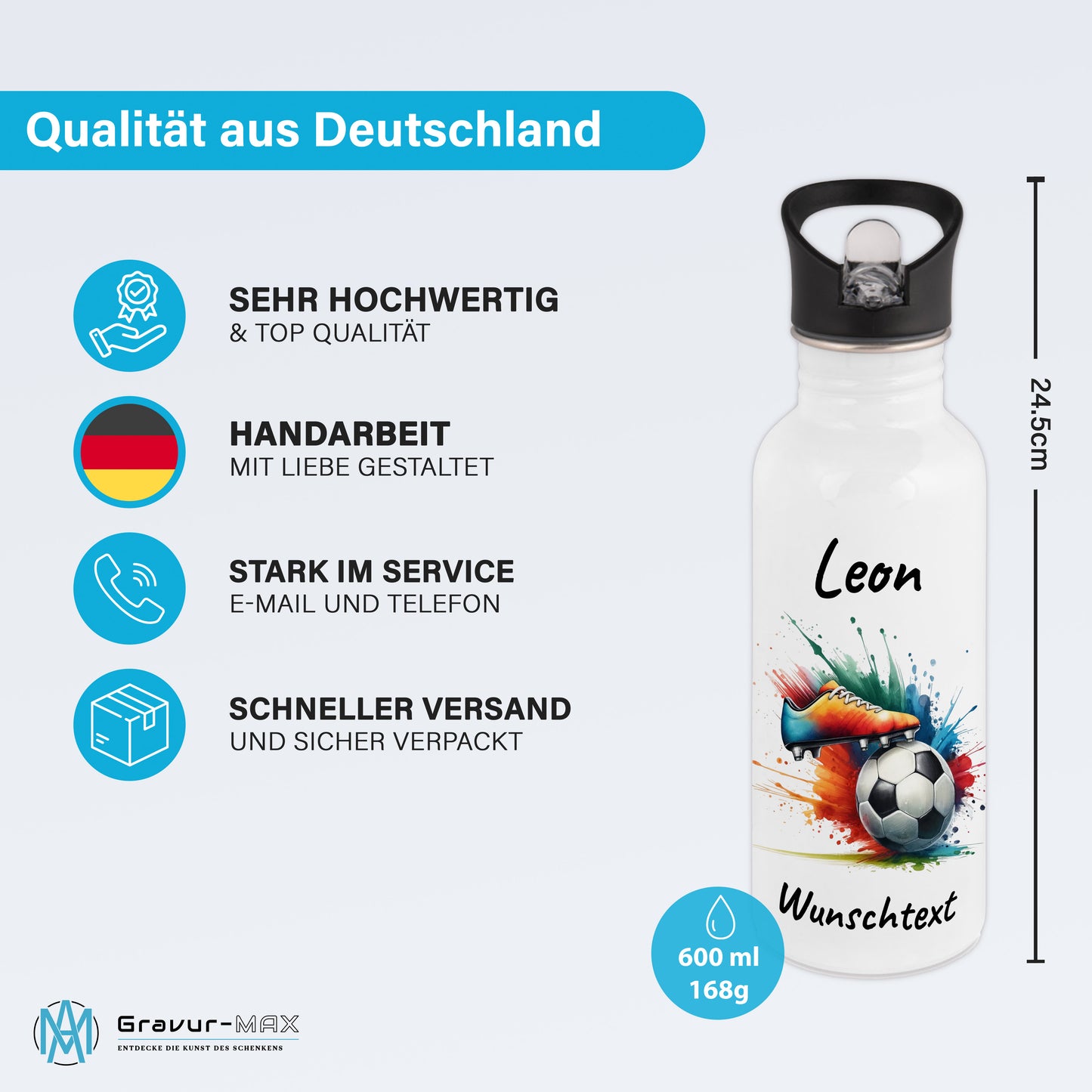 Trinkflasche mit Strohhalm in Weiß 600ml bedruckt mit Fußball Motiven"Motiv6" personalisierbar für Kinder mit Wunschname aus Edelstahl