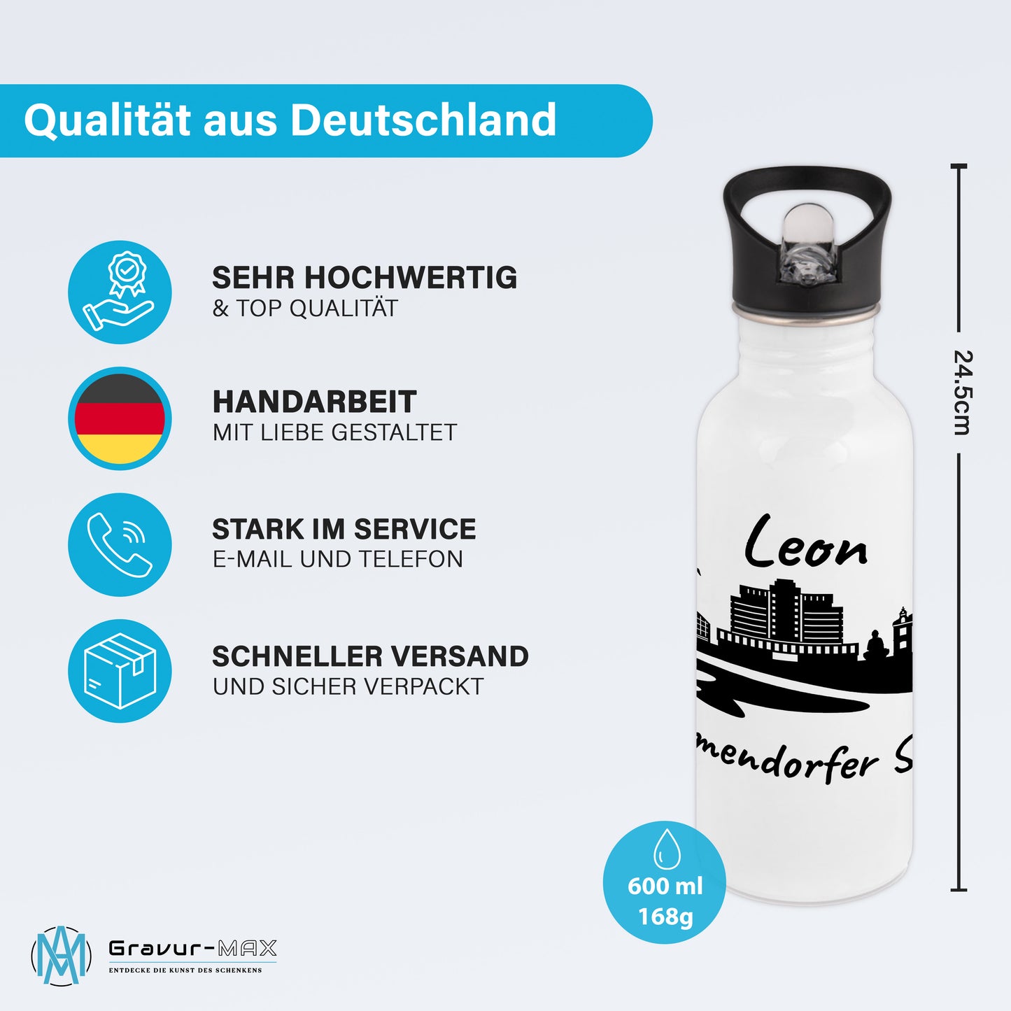 Trinkflasche in Weiß 600ml aus Edelstahl bedruckt mit der Skyline von Timmendorfer Strand personalisierbar mit Wunschname