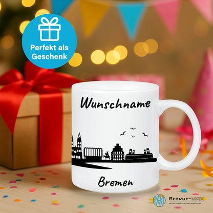 Tasse in Weiß 330ml bedruckt mit der Skyline von Bremen personalisierbar mit Wunschname