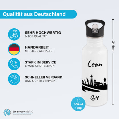 Trinkflasche in Weiß 600ml aus Edelstahl bedruckt mit der Skyline von Sylt personalisierbar mit Wunschname