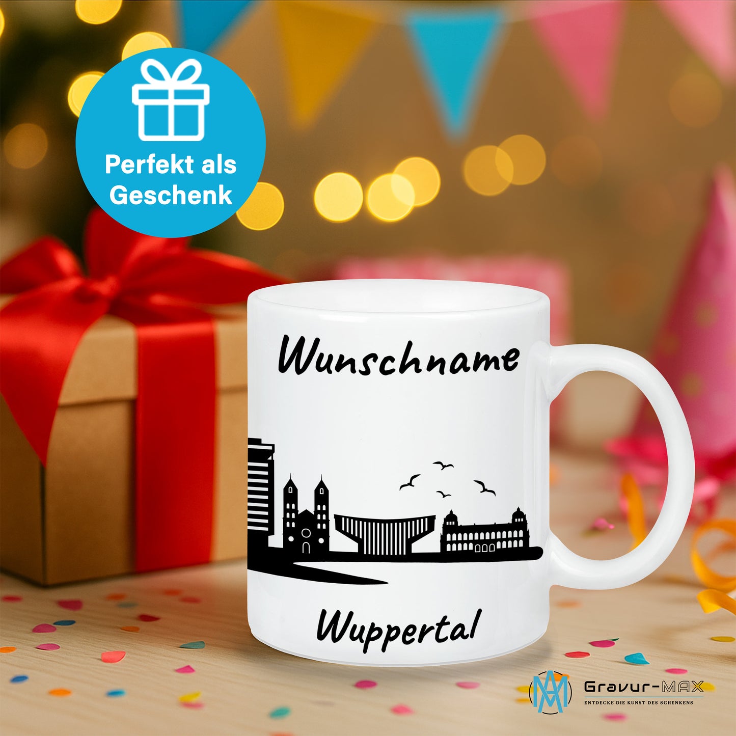 Tasse in Weiß 330ml bedruckt mit der Skyline von Wuppertal personalisierbar mit Wunschname