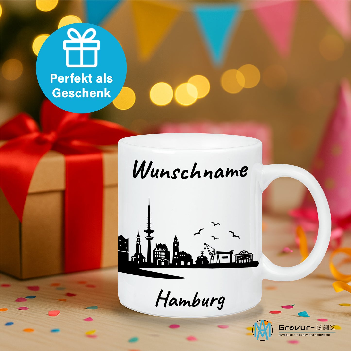 Tasse in Weiß 330ml bedruckt mit der Skyline von Hamburg personalisierbar mit Wunschname