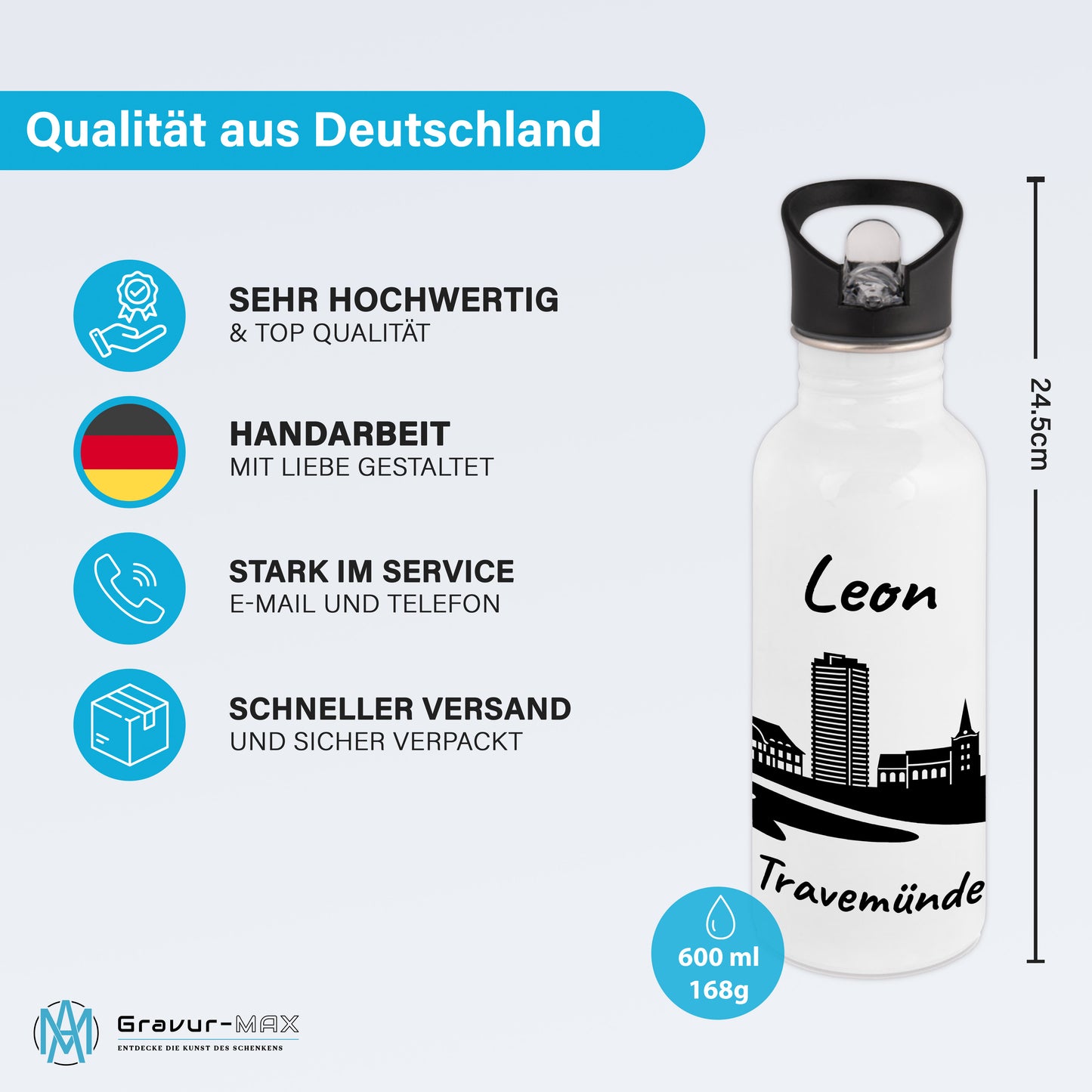 Trinkflasche in Weiß 600ml aus Edelstahl bedruckt mit der Skyline von Travemünde personalisierbar mit Wunschname