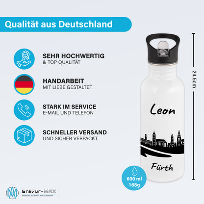 Trinkflasche in Weiß 600ml aus Edelstahl bedruckt mit der Skyline von Fürth personalisierbar mit Wunschname