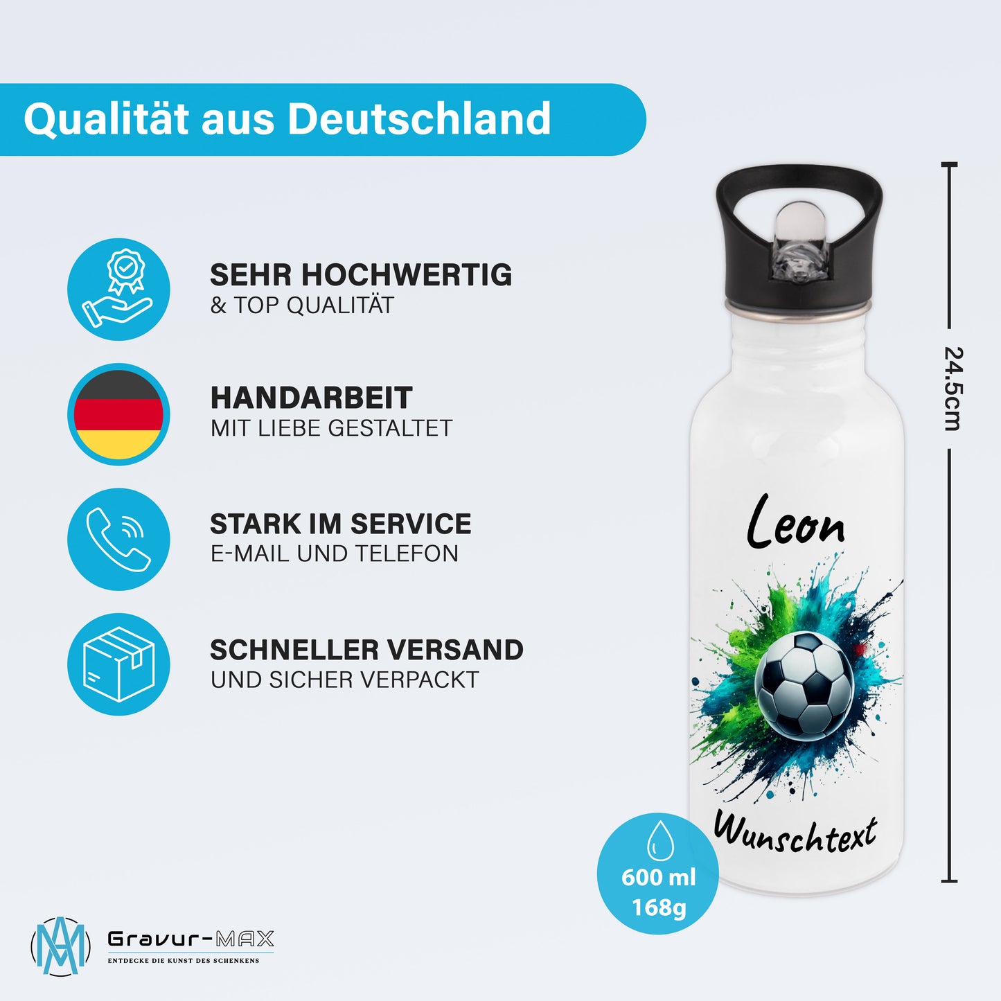 Trinkflasche mit Strohhalm in Weiß 600ml bedruckt mit Fußball Motiven"Motiv8" personalisierbar für Kinder mit Wunschname aus Edelstahl