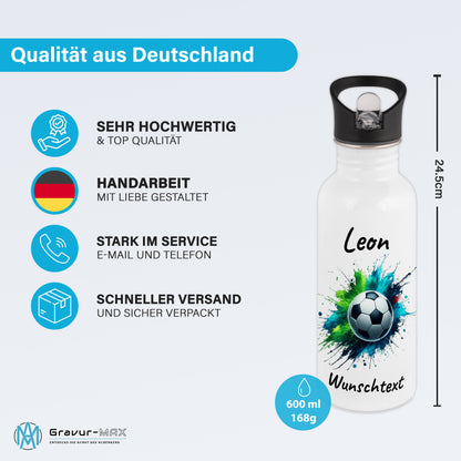 Trinkflasche mit Strohhalm in Weiß 600ml bedruckt mit Fußball Motiven"Motiv8" personalisierbar für Kinder mit Wunschname aus Edelstahl