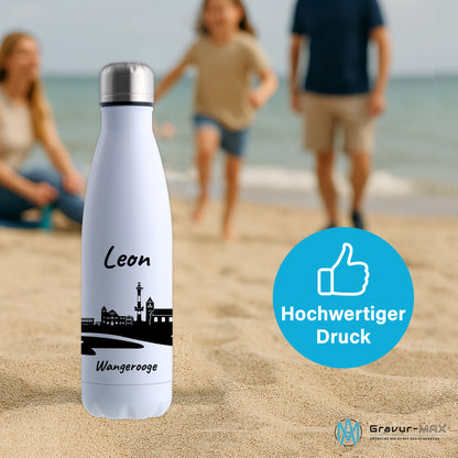 Trinkflasche in Weiß 500ml aus Edelstahl bedruckt mit der Skyline von Wangerooge personalisierbar mit Wunschname