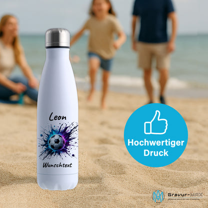 Thermoflasche 500ml in Weiß aus Edelstahl bedruckt "Fußball" Motiv10 personalisierbar mit Wunschname & Text