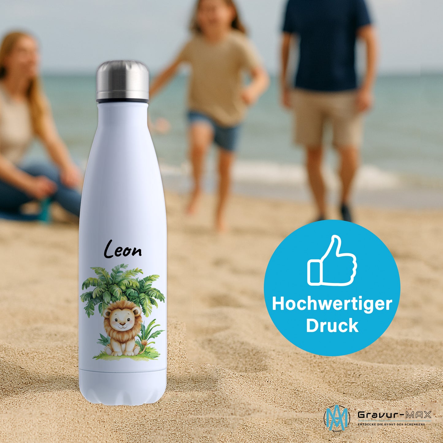 Trinkflasche in Weiß 500ml aus Edelstahl bedruckt mit Dschungel Tieren"Löwe" personalisierbar für Kinder mit Wunschname