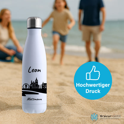 Trinkflasche in Weiß 500ml aus Edelstahl bedruckt mit der Skyline von Mettmann personalisierbar mit Wunschname