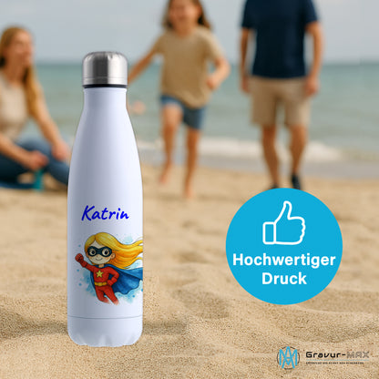 Thermoflasche 500ml in Weiß bedruckt mit tollen Motiven für Kinder "Superheldin" personalisierbar mit Wunschname