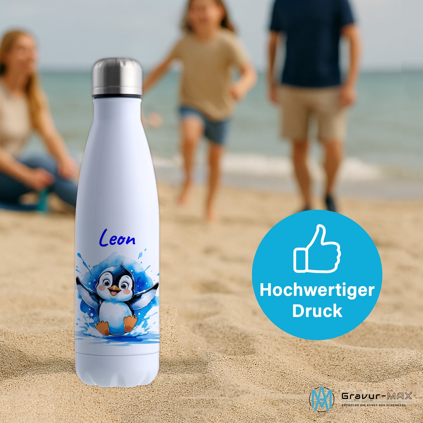 Trinkflasche in Weiß 500ml aus Edelstahl bedruckt mit niedlichen Tieren "Pinguin" personalisierbar für Kinder mit Wunschname