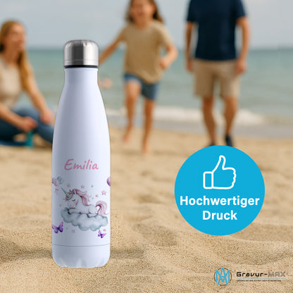 Thermoflasche 500ml in Weiß bedruckt mit tollen Motiven für Kinder "Einhorn Wolke" personalisierbar mit Wunschname