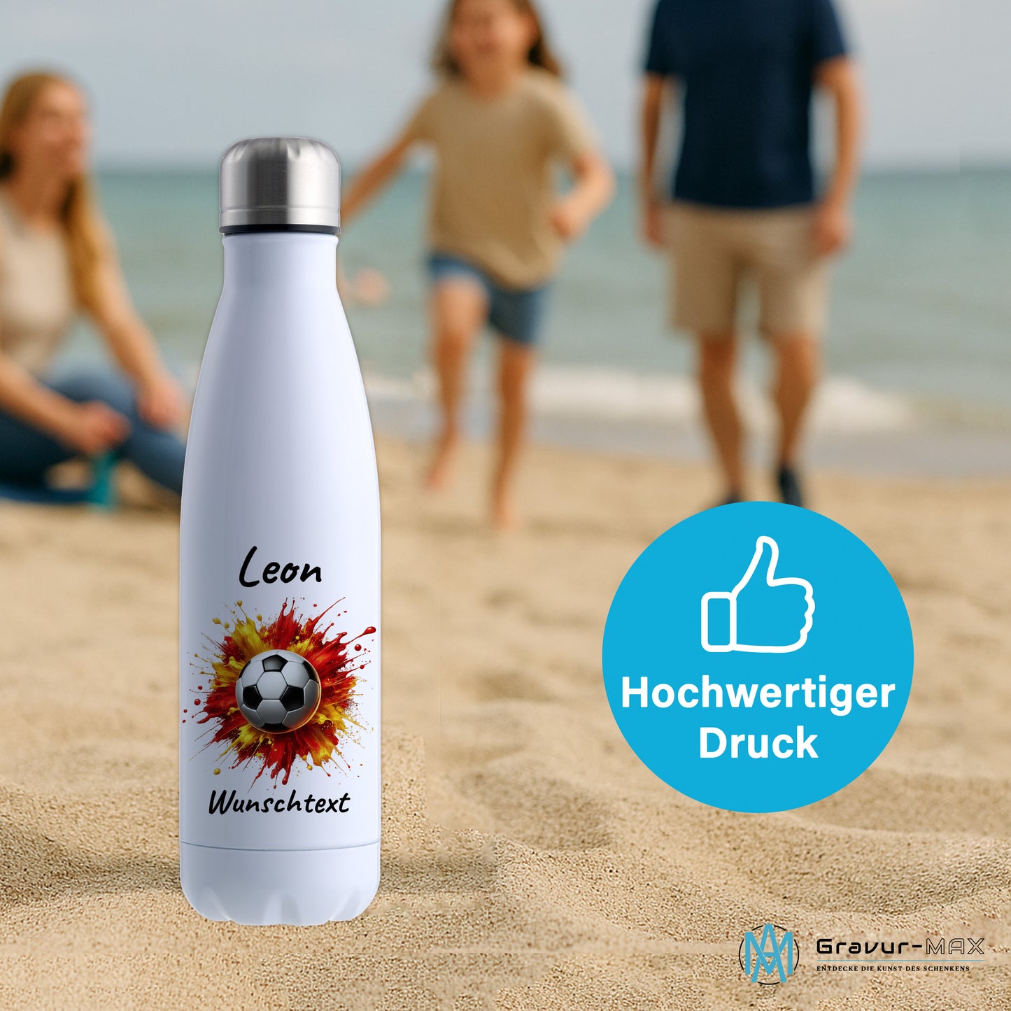 Thermoflasche 500ml in Weiß aus Edelstahl bedruckt "Fußball" Motiv9 personalisierbar mit Wunschname & Text
