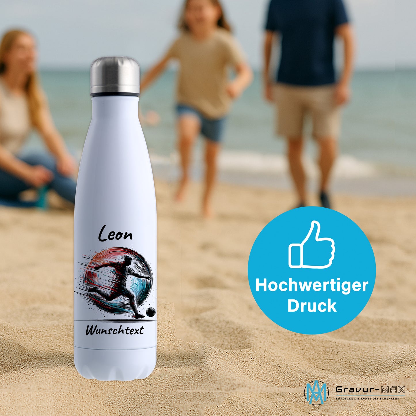Thermoflasche 500ml in Weiß aus Edelstahl bedruckt "Fußball" Motiv3 personalisierbar mit Wunschname & Text