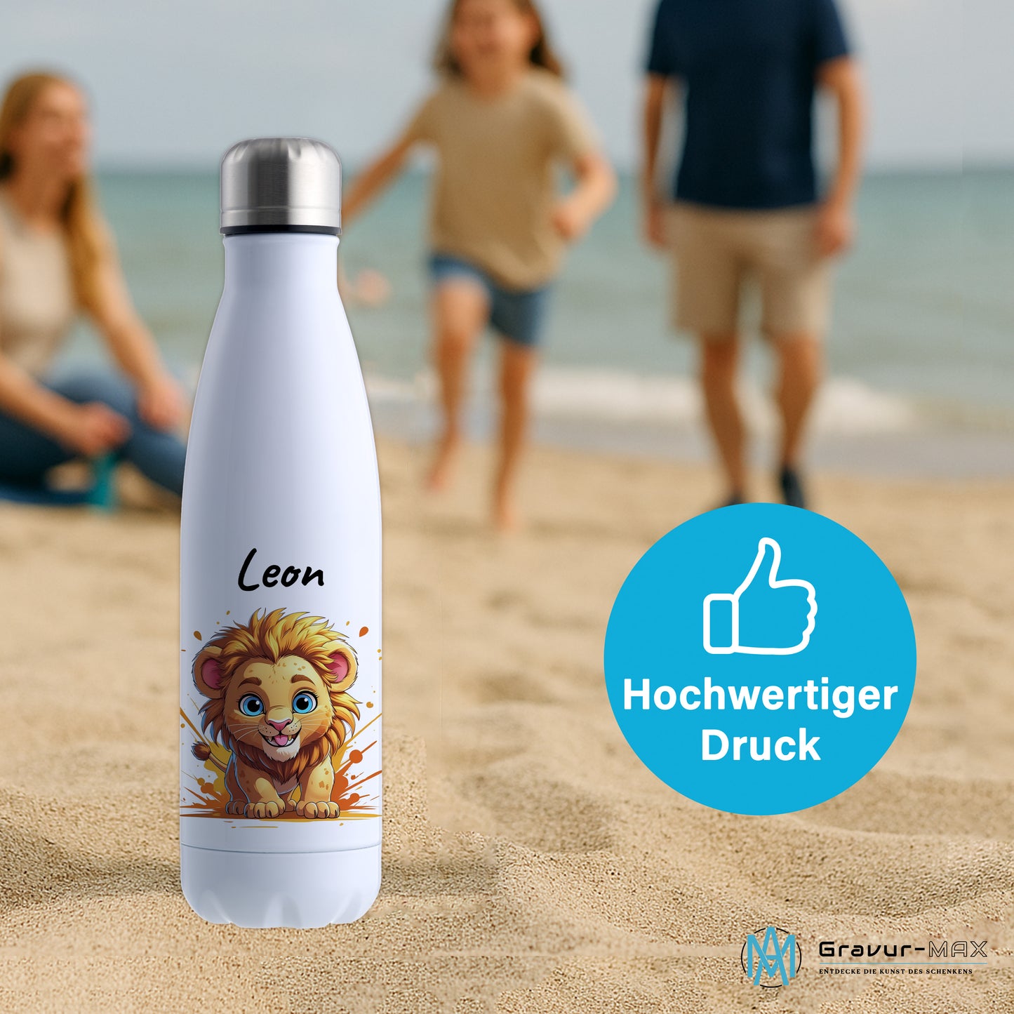 Trinkflasche in Weiß 500ml aus Edelstahl bedruckt mit niedlichen Tieren "Löwe" personalisierbar für Kinder mit Wunschname