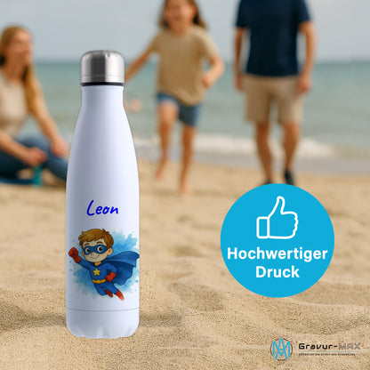Thermoflasche 500ml in Weiß bedruckt mit tollen Motiven für Kinder "Superheld" personalisierbar mit Wunschname