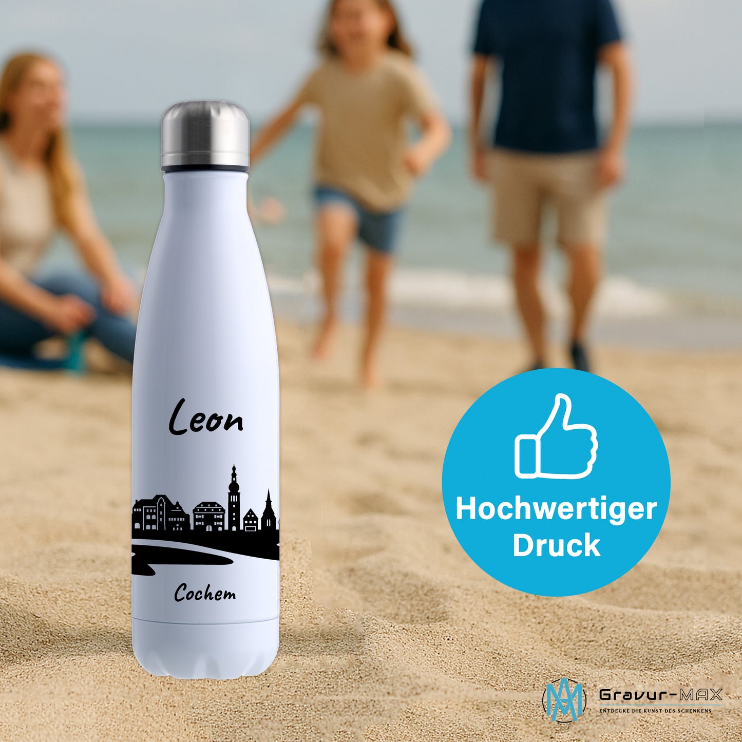 Trinkflasche in Weiß 500ml aus Edelstahl bedruckt mit der Skyline von Cochem personalisierbar mit Wunschname