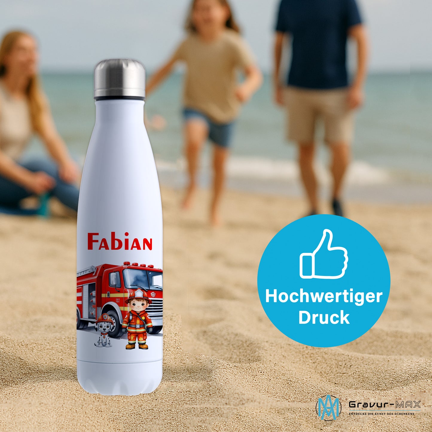 Thermoflasche 500ml in Weiß bedruckt mit tollen Motiven für Kinder "Feuerwehr" personalisierbar mit Wunschname