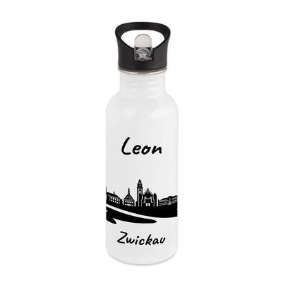 Trinkflasche in Weiß 600ml aus Edelstahl bedruckt mit der Skyline von Zwickau personalisierbar mit Wunschname