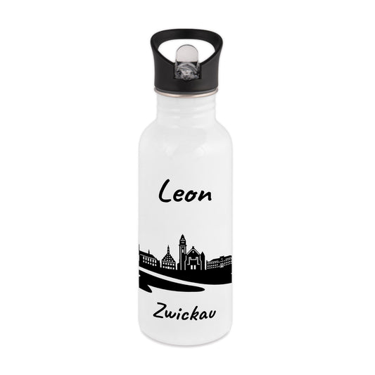 Trinkflasche in Weiß 600ml aus Edelstahl bedruckt mit der Skyline von Zwickau personalisierbar mit Wunschname