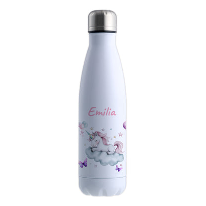 Thermoflasche 500ml in Weiß bedruckt mit tollen Motiven für Kinder "Einhorn Wolke" personalisierbar mit Wunschname