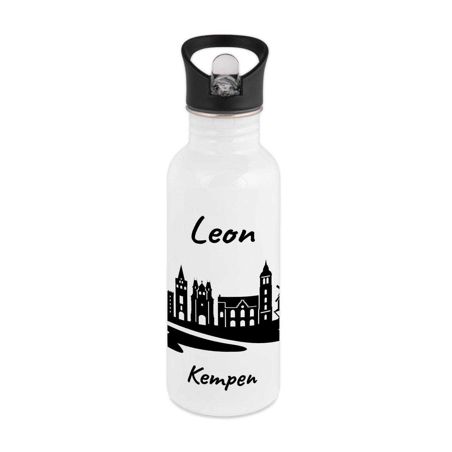 Trinkflasche in Weiß 600ml aus Edelstahl bedruckt mit der Skyline von Kempen personalisierbar mit Wunschname