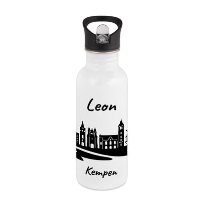Trinkflasche in Weiß 600ml aus Edelstahl bedruckt mit der Skyline von Kempen personalisierbar mit Wunschname