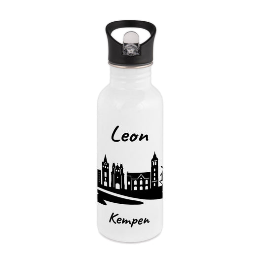 Trinkflasche in Weiß 600ml aus Edelstahl bedruckt mit der Skyline von Kempen personalisierbar mit Wunschname