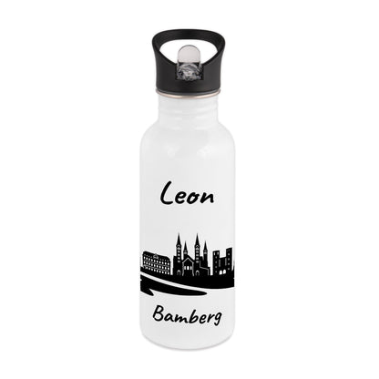 Trinkflasche in Weiß 600ml aus Edelstahl bedruckt mit der Skyline von Bamberg personalisierbar mit Wunschname