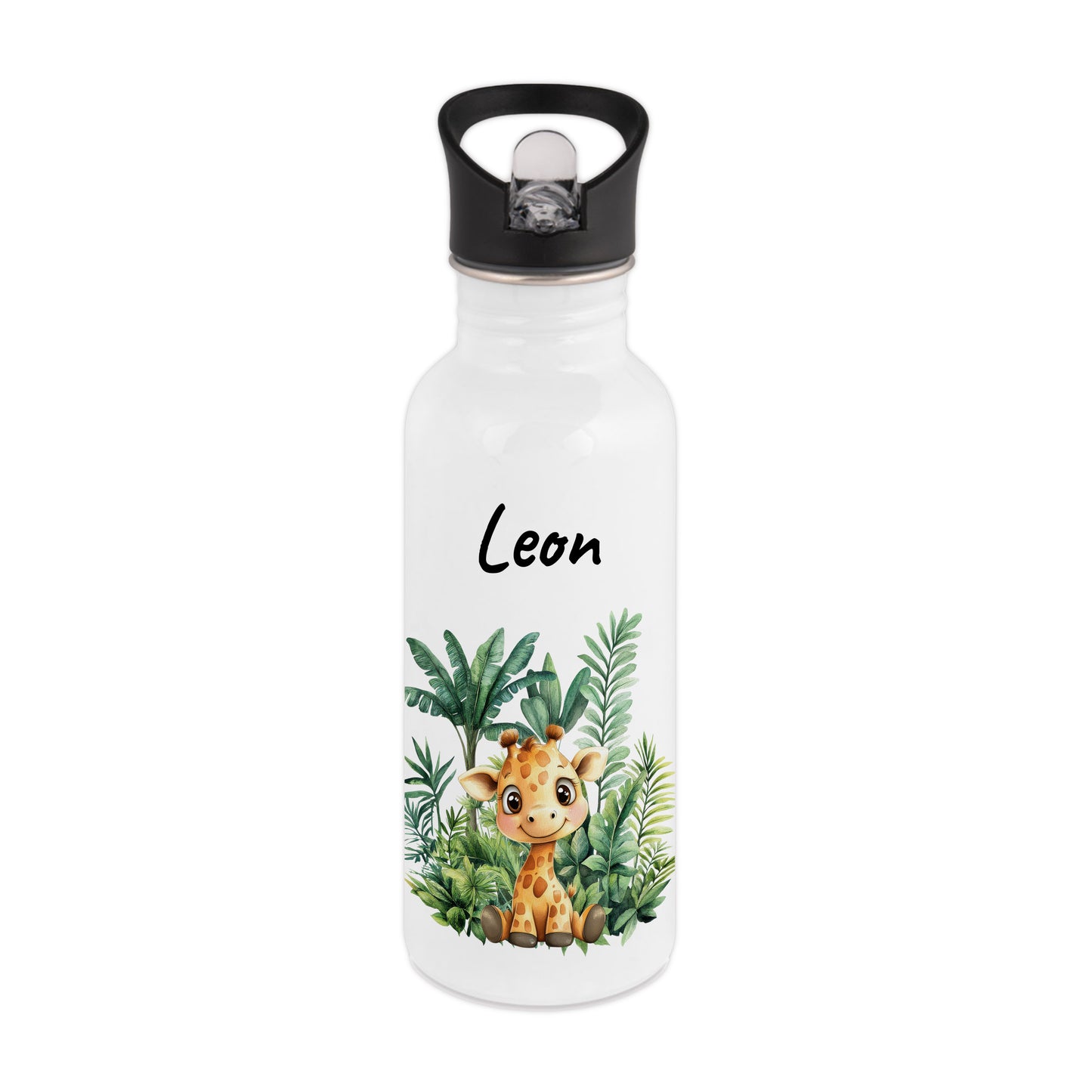 Trinkflasche mit Strohhalm in Weiß 600ml bedruckt mit Dschungel Tieren"Giraffe" personalisierbar für Kinder mit Wunschname aus Edelstahl