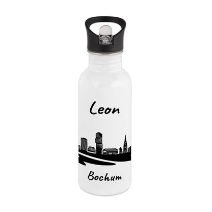 Trinkflasche in Weiß 600ml aus Edelstahl bedruckt mit der Skyline von Bochum personalisierbar mit Wunschname