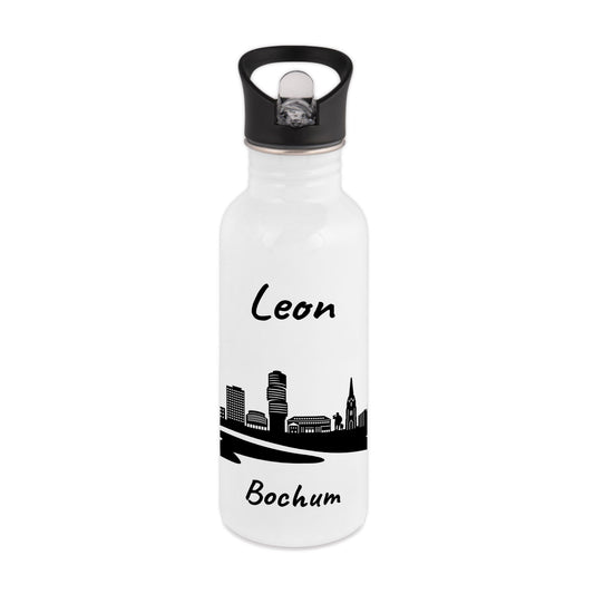 Trinkflasche in Weiß 600ml aus Edelstahl bedruckt mit der Skyline von Bochum personalisierbar mit Wunschname