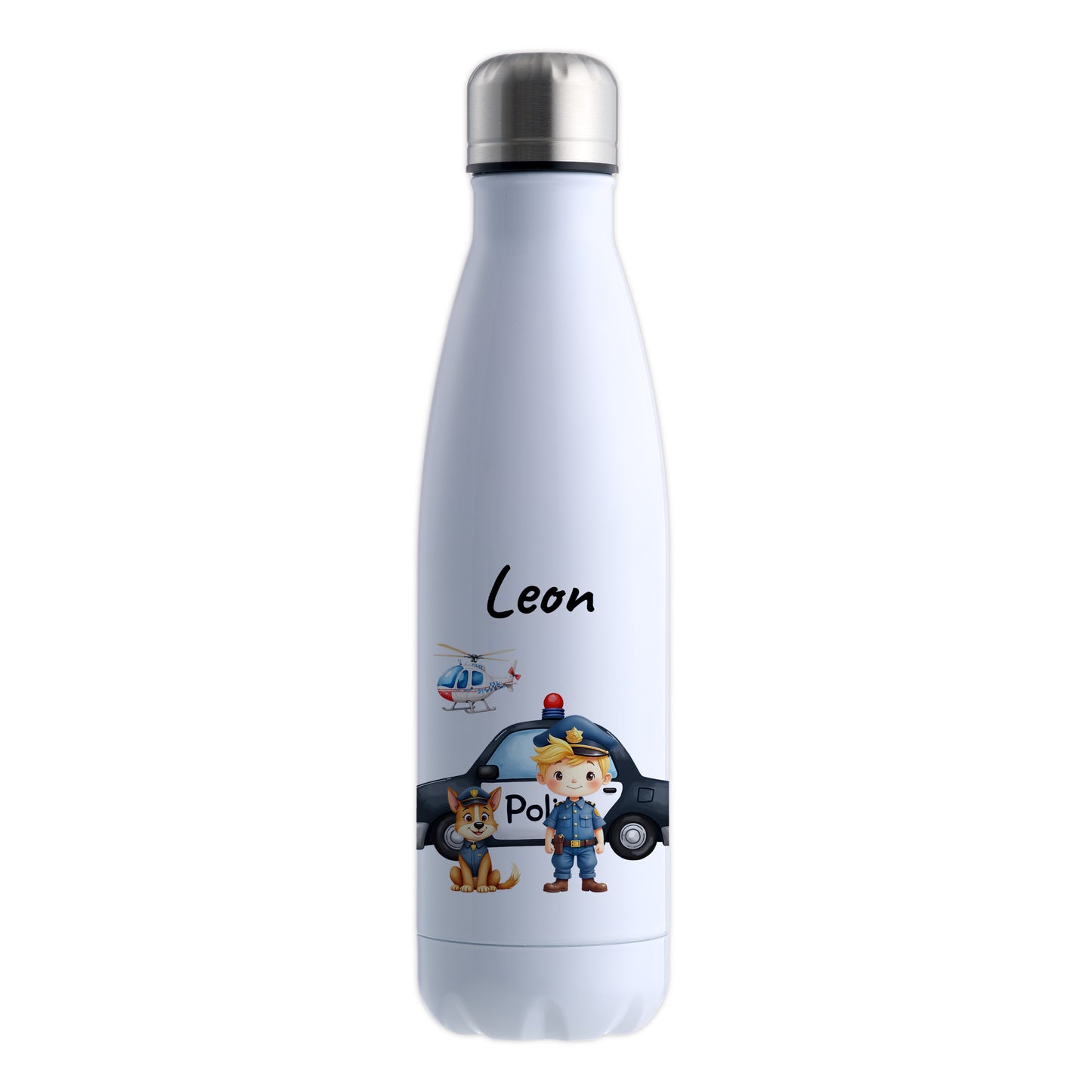 Thermoflasche 500ml in Weiß bedruckt mit tollen Motiven für Kinder "Polizei" personalisierbar mit Wunschname