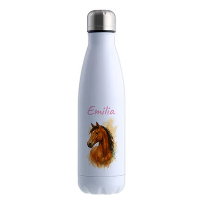 Thermoflasche 500ml in Weiß bedruckt mit tollen Motiven für Kinder "Pferd" personalisierbar mit Wunschname