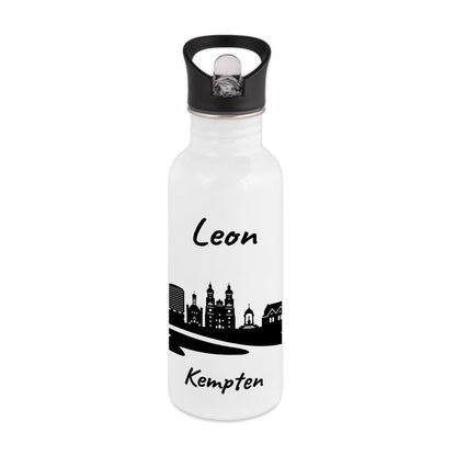 Trinkflasche in Weiß 600ml aus Edelstahl bedruckt mit der Skyline von Kempten personalisierbar mit Wunschname