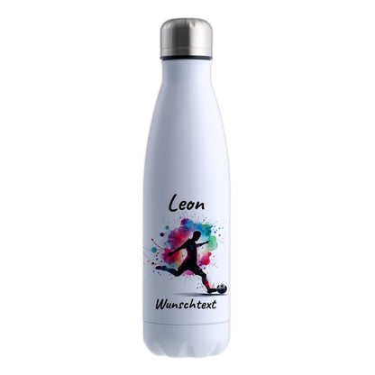 Thermoflasche 500ml in Weiß aus Edelstahl bedruckt "Fußball" Motiv4 personalisierbar mit Wunschname & Text