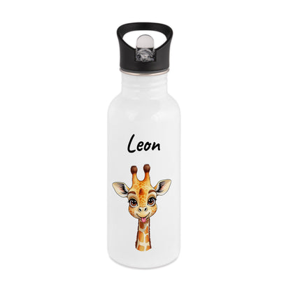 Trinkflasche mit Strohhalm in Weiß 600ml bedruckt mit niedlichen Tieren"Giraffe" personalisierbar für Kinder mit Wunschname aus Edelstahl