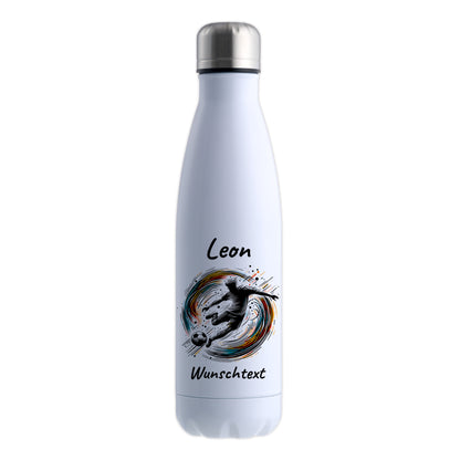 Thermoflasche 500ml in Weiß aus Edelstahl bedruckt "Fußball" Motiv1 personalisierbar mit Wunschname & Text