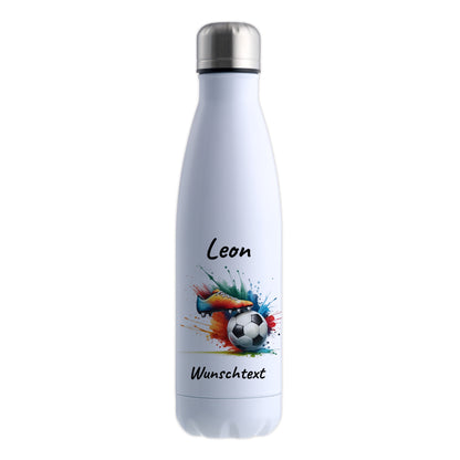 Thermoflasche 500ml in Weiß aus Edelstahl bedruckt "Fußball" Motiv6 personalisierbar mit Wunschname & Text