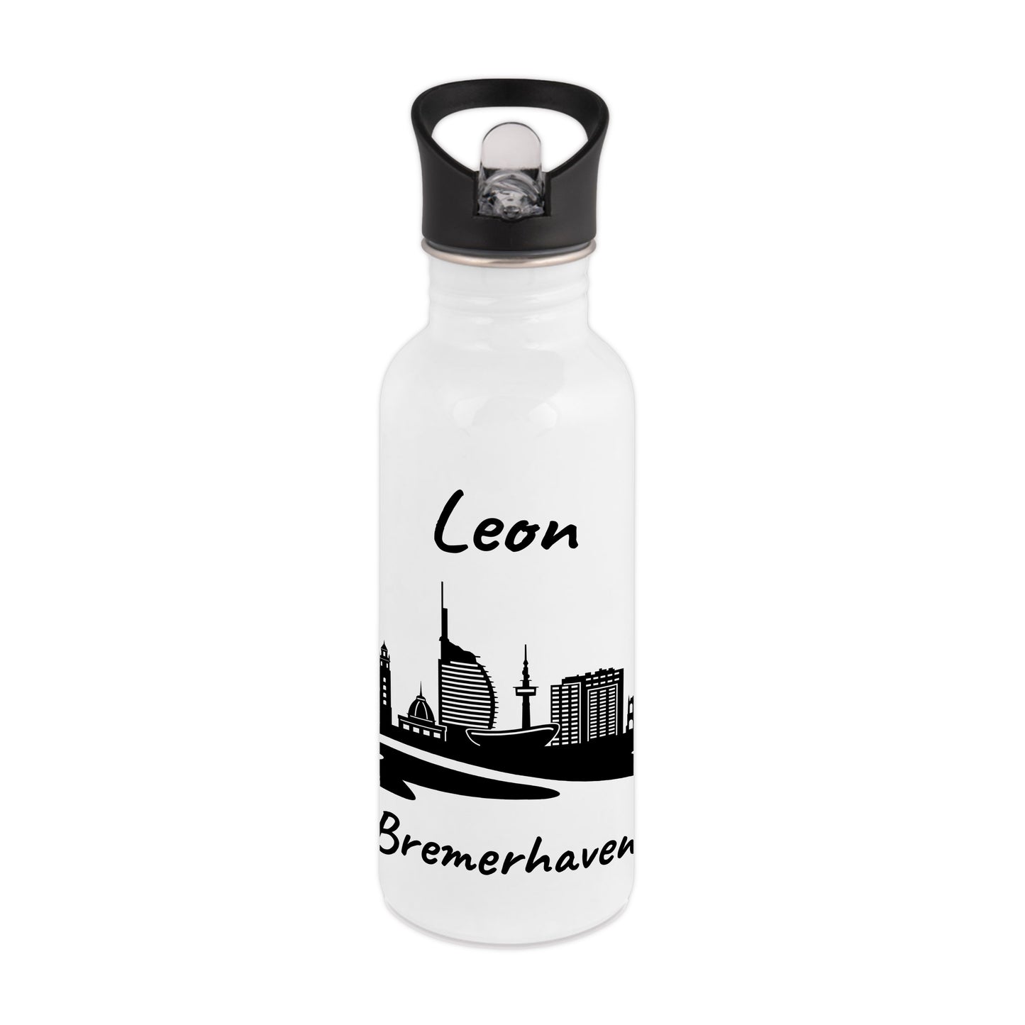 Trinkflasche in Weiß 600ml aus Edelstahl bedruckt mit der Skyline von Bremerhaven personalisierbar mit Wunschname