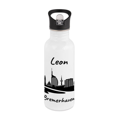 Trinkflasche in Weiß 600ml aus Edelstahl bedruckt mit der Skyline von Bremerhaven personalisierbar mit Wunschname