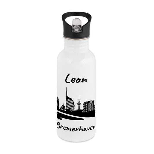 Trinkflasche in Weiß 600ml aus Edelstahl bedruckt mit der Skyline von Bremerhaven personalisierbar mit Wunschname