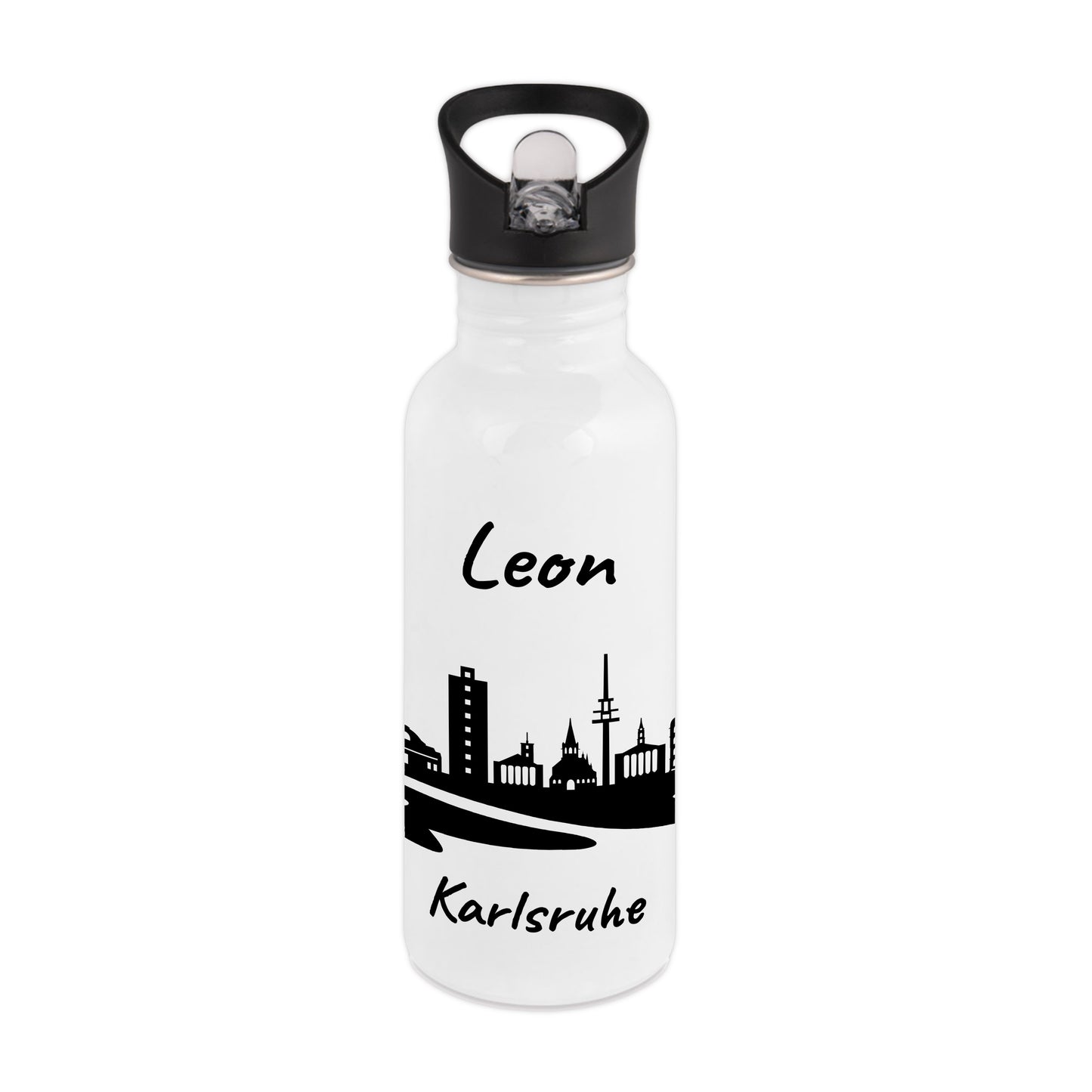 Trinkflasche in Weiß 600ml aus Edelstahl bedruckt mit der Skyline von Karlsruhe personalisierbar mit Wunschname