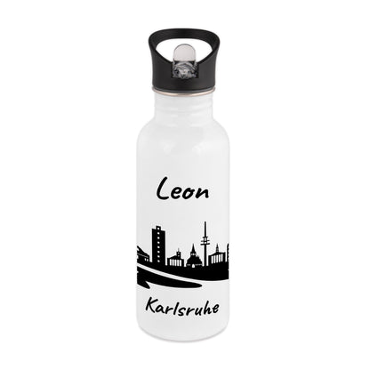 Trinkflasche in Weiß 600ml aus Edelstahl bedruckt mit der Skyline von Karlsruhe personalisierbar mit Wunschname