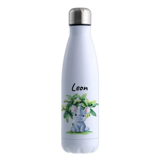 Trinkflasche in Weiß 500ml aus Edelstahl bedruckt mit Dschungel Tieren"Nashorn" personalisierbar für Kinder mit Wunschname